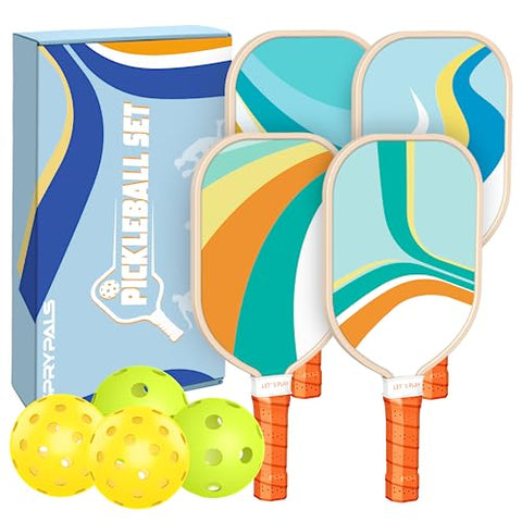 Sprypals Pickleball Paddles,Pickleball Paddles Set of 4 Premium Wooden Pickleball Paddle/Fiberglass Pickleball Set of 2 with Pickleball Balls & Portable Pickleball Bag Tote for Beginners & Pros
