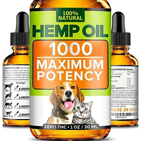 Hemp Oil for Dogs and Cats - 1000mg - Stress & Anxiety Relief - Advanced Formula - Grown & Made in USA - Supports Hip & Joint Health, Natural Relief for Separation Anxiety.