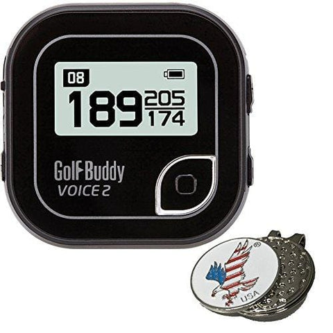 BUNDLE 2017 GOLFBUDDY VOICE2 VOICE 2 GOLF GPS RANGEFINDER CADDIE BLACK COMES WITH 1 CUSTOM BALL MARKER AND HAT CLIP SET - AMERICAN EAGLE