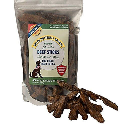 Green Butterfly Brands Organic Grain Free Dog Treats - Made in USA Only - All Natural, Meaty Beef Sticks - Premium Slow Roasted American Beef - Grass Fed, Farm Raised - Crunchy & Delicious - Dogs Love