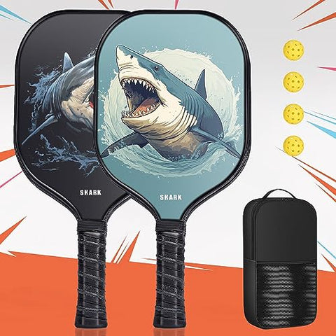 DuckSky for USAPA Approved Fiberglass Pickleball Paddles Set of 2, 1 Carrying Case & 4 Balls, Pickle Ball Paddle Set for Men Women Shark Pattern