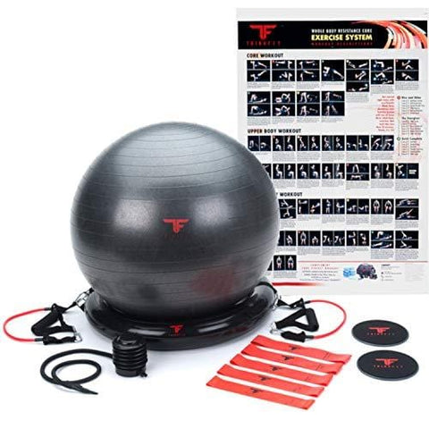 ThinkFit Anti Burst Yoga Exercise Ball 65cm & Resistance Exercise Bands Set with Handles & Stability Ring - Total Home Gym Equipment Bundle: Workout Posters, Ball Pump & Core Sliders for Fitness