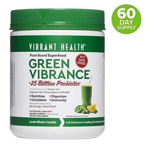 Vibrant Health, Green Vibrance, Plant-Based Superfood Powder, 25 Billion Probiotics Per Scoop, Vegetarian and Gluten Free, 60 Servings (FFP)
