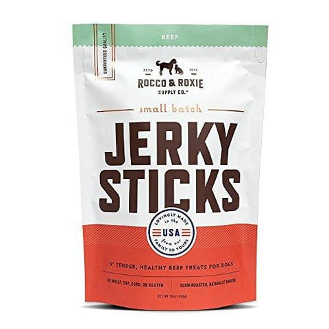 Rocco & Roxie - Jerky Dog Treats Made in USA - Slow Roasted Snacks for Dogs - Natural Grain Free Pet Treat Soft Chews - Delicious, Tender and Healthy 6" Jerkey Sticks - All USDA Inspected Beef - Dig