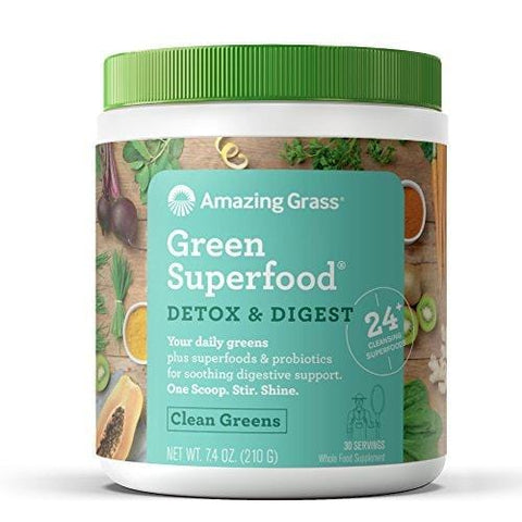 Amazing Grass Green Superfood Detox and Digest Cleanse Organic Powder with 1 Billion Probiotics, Wheat Grass and 7 Greens, Flavor: Clean Greens, 30 Servings
