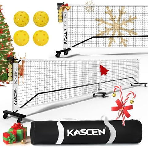 KASCEN Portable Pickleball Net for Driveway - 22 FT Pickleball Net Set Outdoor Regulation Size with Wheels, Pickle Ball Net System for Backyards, Indoor with Ball Holde, 4 Pickleballs & Carrying Bag