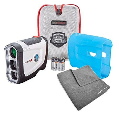 Bushnell Tour V4 (Standard) Golf Rangefinder Patriot Pack Bundle - with Carrying Case, Blue Protective Skin, PlayBetter Microfiber Towel and Two (2) CR2 Batteries