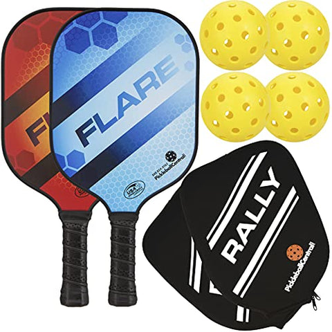 Rally Flare Graphite Pickleball Paddle | Polymer Honeycomb Core, Graphite Hybrid Composite Face | Lightweight | Paddle Cover Included (2-Pack Blue/Red)