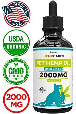 Hemp Oil for Dogs & Cats - 2000mg -100% A Organic Pet Hemp Oil - Anxiety Relief for Dogs & Cats - Supports Hip & Joint Health - Grown & Made in USA - Natural Relief for Pain - Omega 3, 6 & 9