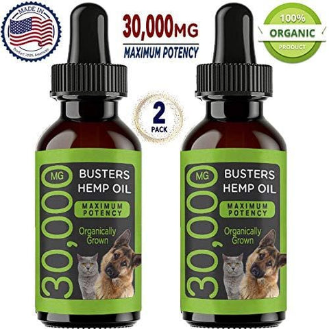 (30,000 MG 2-Pack) Buster's Organic Hemp Oil for Dogs & Cats, Max Potency - Grown & Made in USA - Omega Rich 3, 6 & 9 - Supports Hip & Joint Health, Natural Relief for Pain, Separation Anxiety