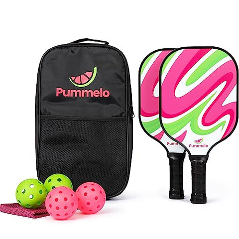 Pummelo - Pickleball Paddles Set - Pickleball Rackets, 2 Carbon Fiber Pickleball Paddle, 2 Outdoor Balls + 2 Indoor Balls, 2 Cooling Towels and a Carrying Bag | Best for Women, Men, & Kids