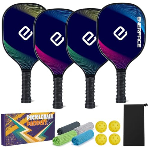 ENERFACE Pickleball Paddles Set of 4: Ergonomic Grip Wooden Pickleball Rackets with 4 Cooling Towels, 4 Pickleball Balls and Carry Bag, Pickleball Set for Men Women (Yellow+Green/Blue+Pink,4 Pack)