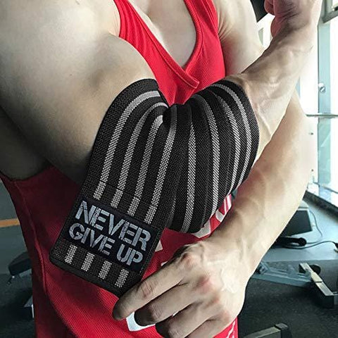 HYFAN Professional Elbow Wraps Elastic Straps Brace Support Protector for Weightlifting Workout Bodybuilding Gym Fitness (Four Stripe, Gray)