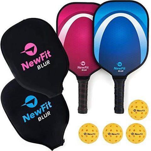 NewFit Blur Pickleball Paddle | USAPA Approved | Graphite Face & Polymer Core for a Quiet and Light Racket | 2 Paddles Set w/ 4 Balls (Blue & Pink Set)