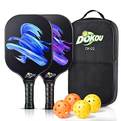 DOKOU Pickleball Paddles, Pickleball Paddle with Fiberglass Face and Polypropylene Honeycomb Core, Pickleball Paddle Set of 2 with 1 Bag and 4 Pickleballs