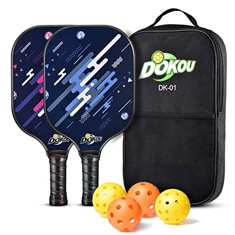 DOKOU Pickleball Paddles, Pickleball Set of 2 Pickleball Paddles, 4 Pickleball Balls, and 1 Bag, Pickleball Paddles with Fiberglass Face, Polypropylene Honeycomb Core, Edge Guard, and Ergonomic Grip