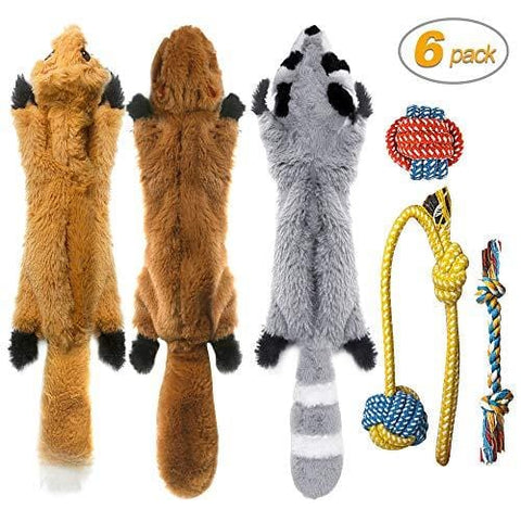 Peteast-3 Squeaky Toys and 3 Rope Dog Toys, No Stuffing Squeaky Plush Fox Raccoon Squirrel, Puppy Chew Teething Rope Toys Set for S/M/L Dogs Pets Animals