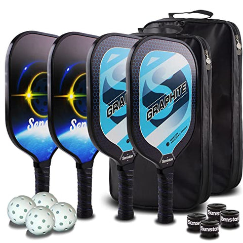 Senston Graphite Pickleball Paddles 4 Pack - Premium Graphite Carbon Fiber Face/Polymer Honeycomb Core Pickleball Paddles Set of 4 Pickleball Paddles Pro; 4 Outdoor Balls; 4 Grips; 2 Racket Covers
