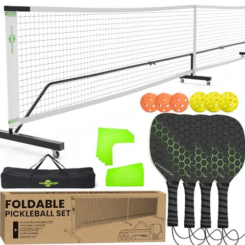 Foldable Pickleball Set with Net – w/Wheels, Paddles, Balls & Markers – Easy Storage w/Folding Pickle Ball Net Portable Outdoor - Pickle Ball Net for Driveway - Portable Pickleball Net System