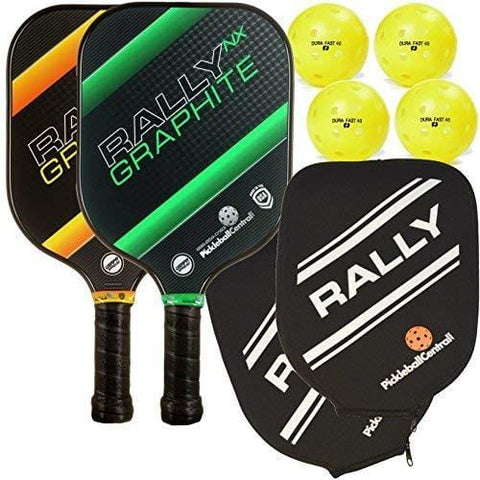 Rally NX Graphite Pickleball Paddle Bundle (2 - U.S. Made Graphite Pickleball Paddles, 2 Protective and Stylish Neoprene Paddle Covers, 4 Dura Outdoor Yellow Pickleballs) (Green/Yellow)