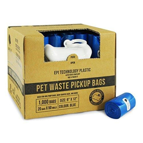 Gorilla Supply 1000 Blue Dog Pet Poop Bags, EPI Technology, 50 Refill Rolls (with Patented Dispenser)