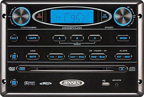 Jensen AWM965 AM/FM|CD|DVD|MP3/USB Wallmount Stereo with DVD Player, Front USB Supports MP3, WMA, JPEG Formats, Remote Control Included, 12 Volt