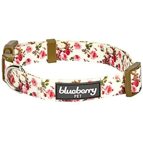 Blueberry Pet 9 Patterns Spring Scent Inspired Pink Rose Print Ivory Dog Collar, Small, Neck 12"-16", Adjustable Collars for Puppies & Small Dogs