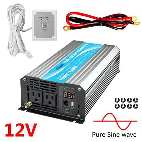 Power Inverter Pure Sine Wave 1200Watt 12V DC to 110V 120V with Remote Control Dual AC Outlets and USB Port for CPAP RV Car Solar System Emergency