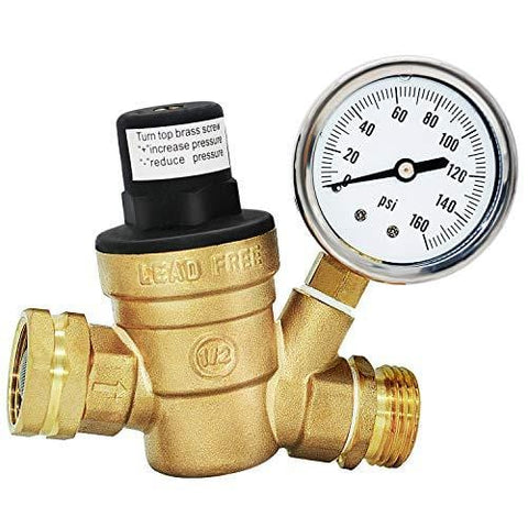 Water Pressure Regulator Valve for Travel Trail Lead Free 3/4" Pressure Regulator Valve Rv Water Pressure Regulator Brass Adjustable with Gauge and Inlet Screened Filter