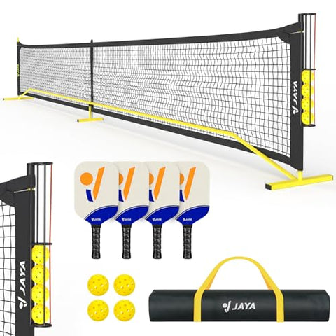 JAYA Pickleball Net Set with Exclusive Ball Holder, 4 Pickleball Paddles, 4 Pickleball Balls and Paddle Bag, 22FT Regulation Size Net for Driveway Backyards Black-Yellow