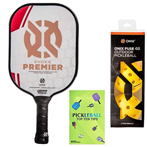 Onix Evoke Premier Pickleball Paddle & 3-Pack Fuse G2 Pickleball Balls & Free Pickleball Tips - Pickleball Set for Beginner and Pro Level Players (Standard Weight 7.8oz - 8.2 oz, Red)