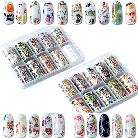 20 Roll Nail Art Stickers Nail Foil Transfer Wraps Decals, Nail Art DIY Decoration Kit for Christmas Festival (Pumpkin, Bat, Spider,Snowman,Snowflake,Biscuit Man, Gift)