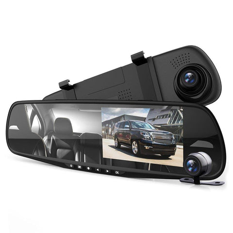 Pyle Dash Cam Rearview Mirror - 4.3" DVR Monitor Rear View Dual Camera Video Recording System in Full HD 1080p w/Built in G-Sensor Motion Detect Parking Control Loop Record Support - PLCMDVR49