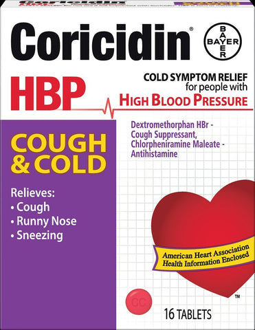 Coricidin HBP, Decongestant-Free Cold Symptom Relief for People with High Blood Pressure, Cough & Cold Tablets, 16 Count