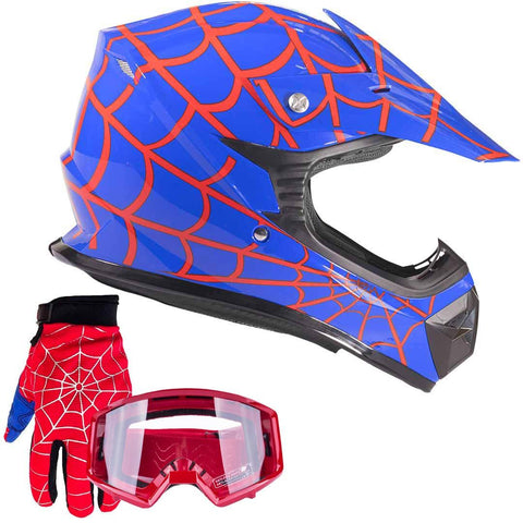 Typhoon Youth Kids Offroad Gear Combo Helmet Gloves Goggles DOT Motocross ATV Dirt Bike Motorcycle Blue Spiderman - Small