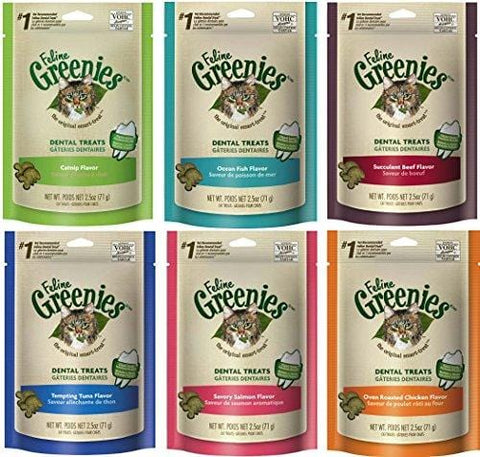 Greenies Dental Cat Treat Variety Bundle - Tuna, Salmon, Ocean Fish, Beef, Chicken, and Catnip Flavor - 2.1 oz. Each (6 Total Pouches - 1 of Each Flavor)