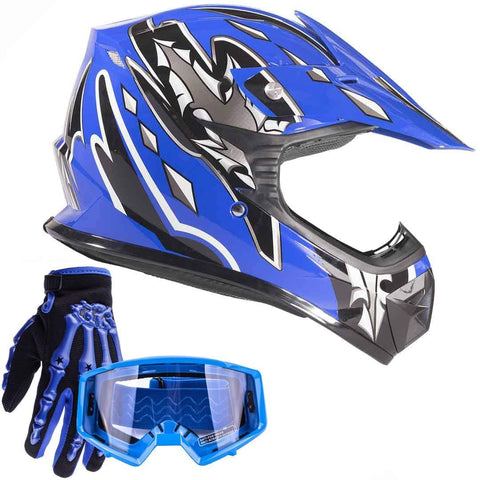 Typhoon Youth Kids Offroad Gear Combo Helmet Gloves Goggles DOT Motocross ATV Dirt Bike MX Motorcycle Blue, Large
