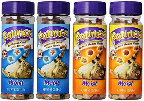 Pounce Moist 4-Pack Bundle, Includes: 2-Caribbean Catch Tuna Flavor and 2-Moist Seafood Medley Flavor Cat Treats, 6.5 ounce each