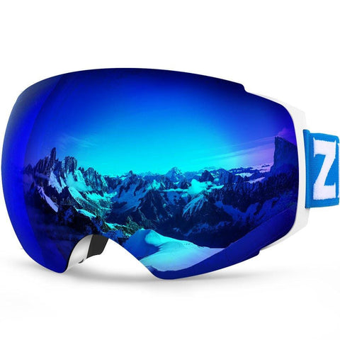 ZIONOR X4 Ski Snowboard Snow Goggles Magnet Dual Layers Lens Spherical Design Anti-Fog UV Protection Anti-Slip Strap for Men Women (VLT 13.67% Light White Frame Grey Revo Blue Lens)