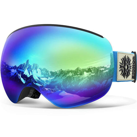 ZIONOR X4 PRO Ski Snowboard Snowmobile Goggles with Magnet Dual Layer Lens Anti-Fog UV400 Protection Spherical Design Anti-Slip Strap for Men Women (VLT 21.78% Black Frame PinkRevoWhiteIceBlue Lens)