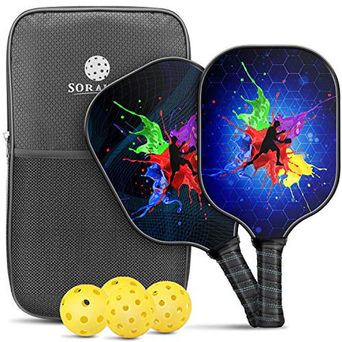 Soraken Pickleball Paddles, Pickleball Paddle with Carbon Fiber Surface and Polypropylene Honeycomb Core Cushion Comfort Grip, Pickleball Paddles Set of 2 Including 4 Balls and Racket Bag