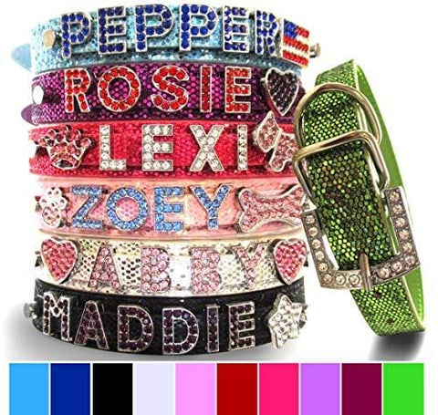 Bling Stuff For Fun TM, Personalized Customized PU Leather Glitter Rhinestone Bling Name Collar for Dogs & Puppies