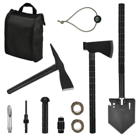 iunio Survival Off-Roading Tool Kit Folding Shovel Camping Axe Multitool Pickaxe with Carrying Bag for Outdoor Car Emergency (Upgrade Black)