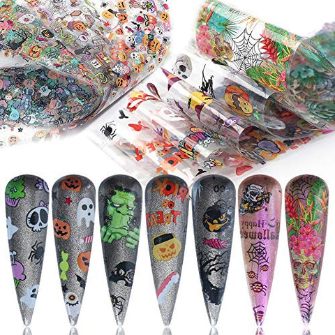 Halloween Nail Art Foil Transfers 10 Types Nails Transfer Foils Stickers for Party Supplies Women Acrylic Fingernails Toenails DIY Beauty Decorations Pumpkin Skull Witch Spider Pattern Designs