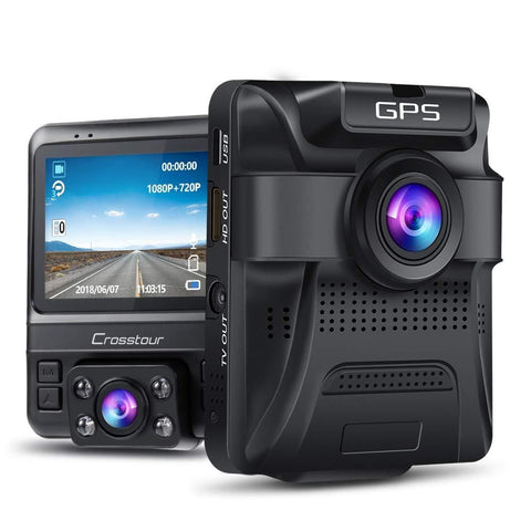 Uber Dual Lens Dash Cam Built-in GPS Car Camera Crosstour 1080P Front and 720P Inside with Parking Monitoring, Infrared Night Vision, Motion Detection, G-Sensor and WDR