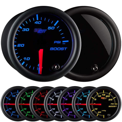 GlowShift Tinted 7 Color 60 PSI Turbo Boost Gauge Kit - Includes Mechanical Hose & Fittings - Black Dial - Smoked Lens - For Diesel Trucks - 2-1/16" 52mm