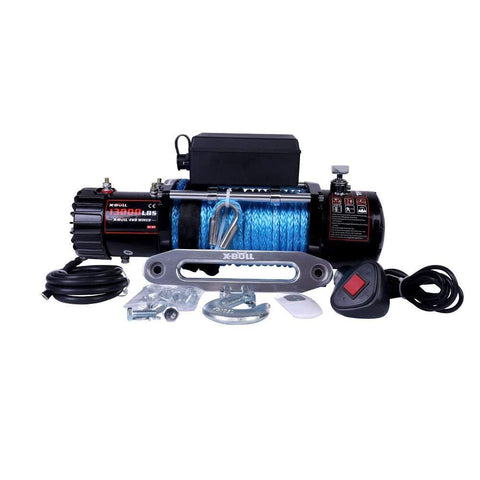 X-BULL 12V Waterproof Synthetic Rope Winch-13000 lb. Load Capacity IP67 (Black)