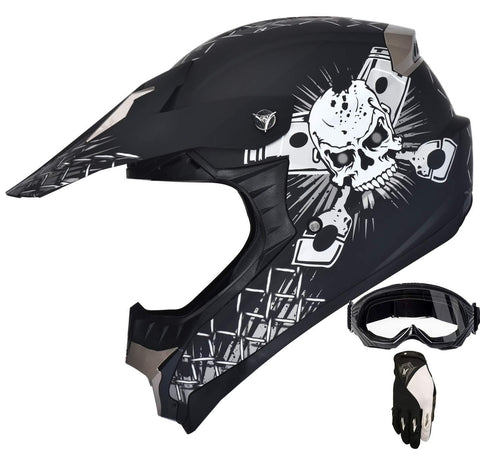 Adult ATV Motocross Dirt Bike Helmet Combo 180 Matt Black+Gloves+Goggles (XL)