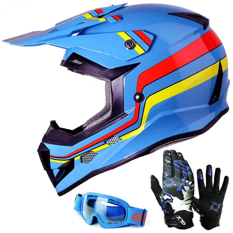 GLX Unisex-Child GX623 DOT Kids Youth ATV Off-Road Dirt Bike Motocross Helmet Gear Combo Gloves Goggles for Boys & Girls (Retro Blue, Medium)