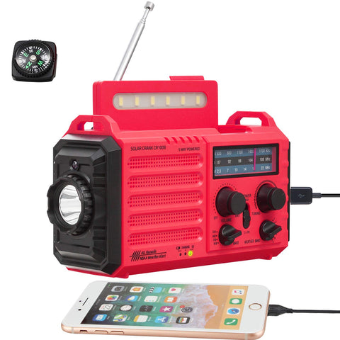 5-Way Powered Weather Radio for Household Outdoor Emergency, NOAA/AM/FM/SW Portable Radio&SOS Alarm, Solar Power, Hand Dynamo Crank,2000mAh Rechargable Battery,USB Charger,Flashlight,Camp Lamp,Compass